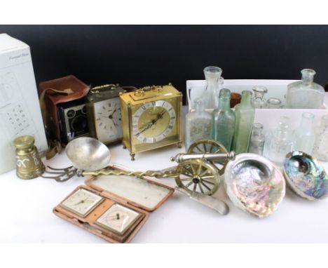 Mixed collectables to include carriage clock, vintage glass bottles etc 