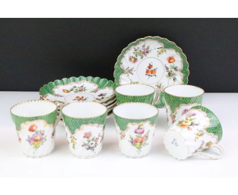 Set of six Dresden coffee cups &amp; saucers with hand painted floral decoration and gilt details on a spiralling ground 