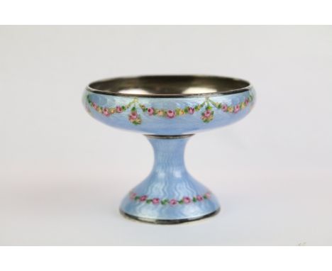 Late 19th / early 20th century blue guilloche enamel silver comport of circular form, with painted rose garland decoration, s