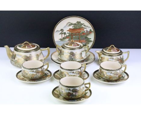 Japanese Meiji period Satsuma part Tea Service / Set comprising teapot, lidded sugar bowl, lidded milk jug, four cups and fou