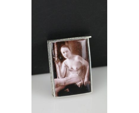 Silver plated vesta case with pictorial nude enamel plaque 