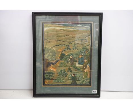 Indian / Mughal empire interest 20th Century gouache on paper painting after Shah-Jahan hunting in an agrarian landscape pain