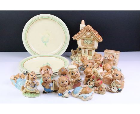 Collection of approx 19 Penfelfin models / figures, together with a set of four Clarice Cliff for Wilkinson Pottery plates wi