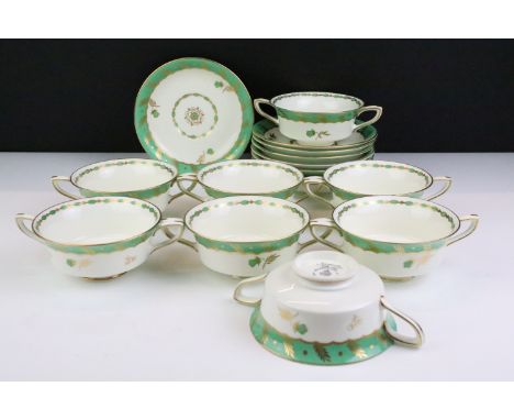 Royal Worcester 'Reproduction of Early Worcester - Georgian circa 1780' set of eight soup cups &amp; saucers with green glaze