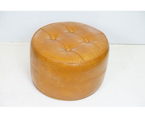 Mid century Retro style Brown Leather effect Circular Pouffe with button top and bottom, 45cm diameter x 29cm high 