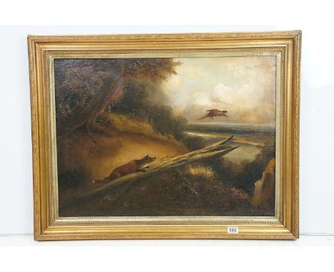 19th Century Victorian oil on canvas painting depicting a fox hunting a pheasant. Set within a moulded gilt frame. Indistinct