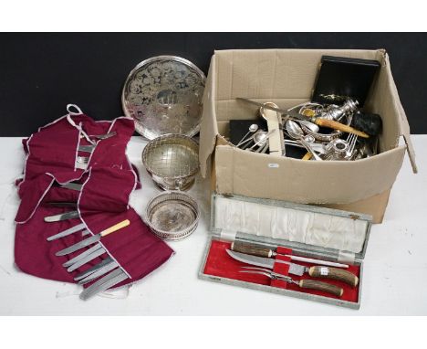 Collection of mixed silver plate to include a cased set of goblets, mother of pearl opera glasses, wine bottle coasters, flat