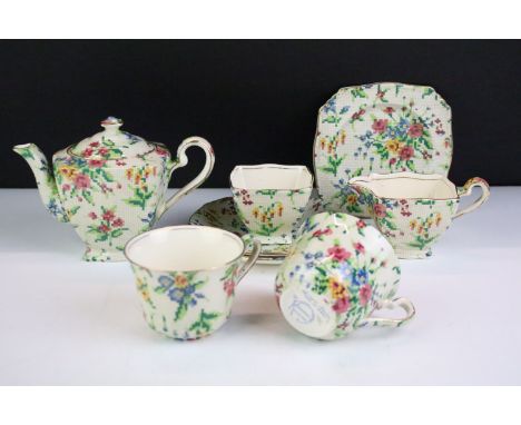 Royal Winton Grimwades Queen Anne pattern tea set for two, transfer printed with chintz floral needlepoint design, comprising