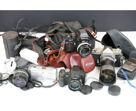 Assorted collection of cameras and camera equipment to include Nikon F3/T, Nikkormat camera body with Nikkor 35-105mm lens, L