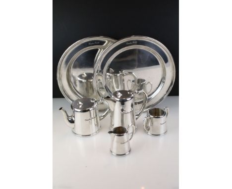 Group of Canadian Pacific silver plated wares to include teapot, hot water jug, sugar basin, milk jug and two circular trays 