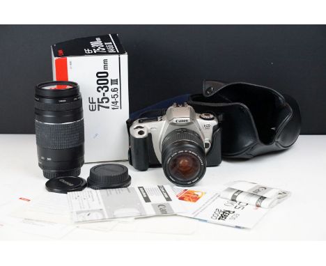 Canon EOS 300 camera, cased, with Canon Zoom Lens EF 28-80mm 1:2.5-5.6 II; plus a boxed Canon EF 75-300mm f/4-5.6 II zoom len