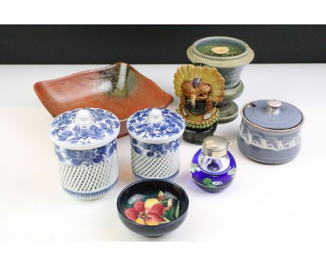 Group of mixed glass &amp; ceramics to include a small Moorcroft pottery bowl (7.5cm diameter), Caithness glass inkwell, two 