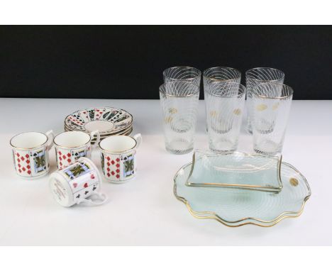 Set of four Staffordshire Elizabethan 'Cut for Coffee' coffee cups &amp; saucers, together with a set of Chance Glass drinkin