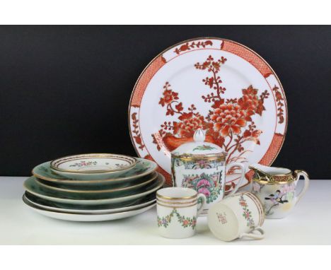 Group of oriental ceramics to include three famille rose celadon glazed dishes with floral, bird &amp; butterfly decoration (