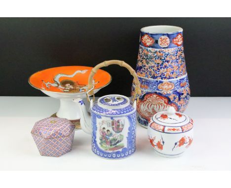 Group of Oriental ceramics, 5 pieces, to include an Imari vase of footed baluster form (25cm high), a tazza with beaded ename