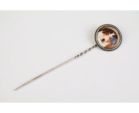 Silver stick pin with circular enamel panel depicting a Jack Russell Terrier, stamped '925' to reverse, spiralling to pin, me