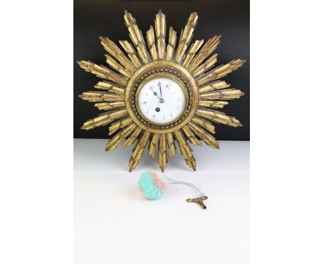 20th century starburst wall clock with white enamel dial and Japy Freres French movement, approx 41cm diameter, with key 