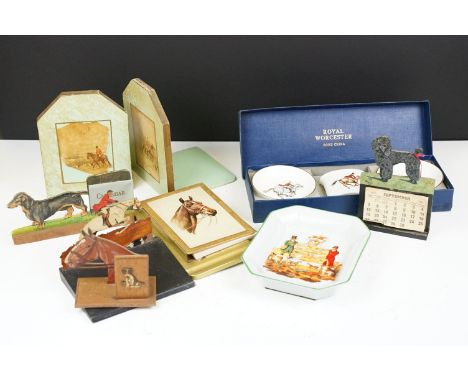 Royal Worcester bone china cased hunting set together with equestrian and hunting related desk top items including calendars,