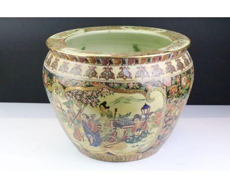 Oriental ceramic fish bowl planter decorated with figural panels, enamel beading, and koi carp to interior, approx 28.5cm tal