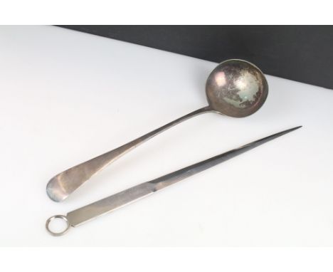 A silver plated meat skewer together with a silver plated ladle 