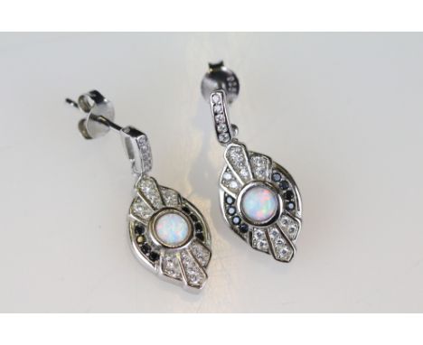 Pair of silver opal and sapphire drop earrings 