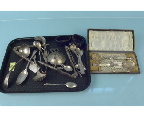 A case pair of Victorian silver plated mother of pearl handled spoons plus a quantity of silver plated items