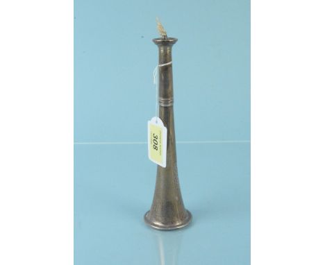 A silver table lighter in the form of a hunting horn with presentation inscription, hallmarks are rubbed on main body, approx