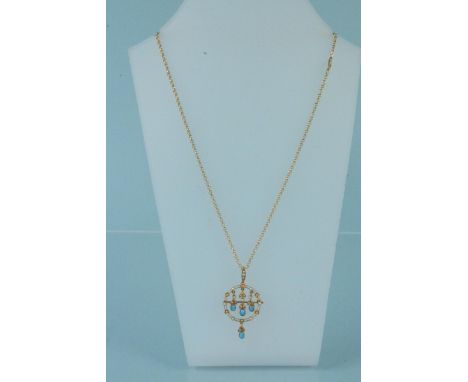 A 15ct gold Art Nouveau turquoise and seed pearl set pendant on a modern 9ct gold necklace, weight approx 7.5g