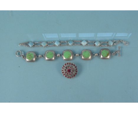 Silver and white metal stone set bracelets and a costume brooch