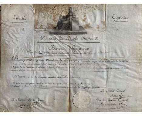 NAPOLEON BONAPARTE, a vellum document with engraved vignette SIGNED by "BONAPARTE" in his capacity as Premier Consul, counter