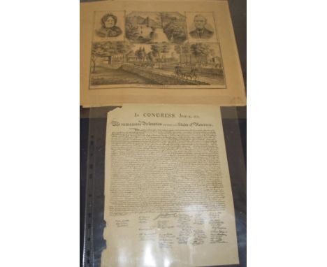 AMERICANA, an 1878 lithograph of the Parminter Residence, New York County, &amp; a printed copy of the Declaration of 1776, c