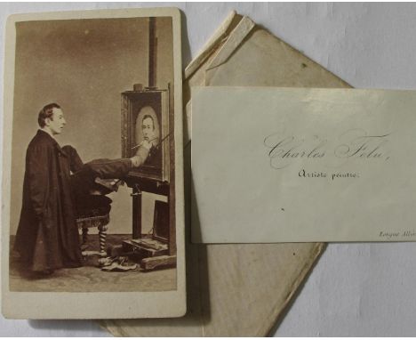 [ARTIST] FELU (Charles) artist: carte-de-visite photo showing him painting a self-portrait with his right foot, &amp; a calli