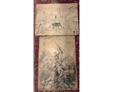 [CARICATURE / SATIRE] a large mono wash &amp; ink, on paper, bull-baiting scene, 20 x 25 inches, inscribed verso in a later h