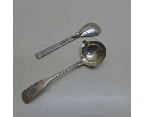 An interesting Rat spoon - London 1994 G of H - Length 14cm - and a brandy ladle Dublin 1823 I.B - total weight approx 1.8 tr