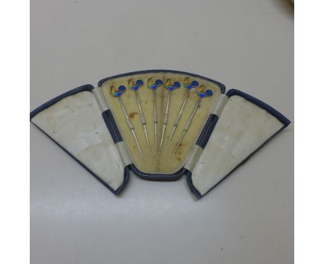 A boxed set of six silver and enamel cockerel cocktail sticks - Length 7.5cm - enamel good, slight bending to one, otherwise 