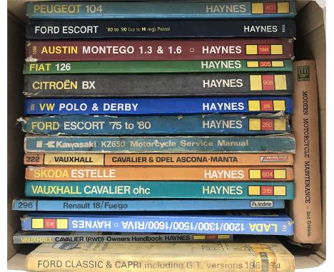 A collection of Haynes automobile books and others, inc Peugeot 104, Ford Escort, Fiat 126, Vw Polo & Derby etc.
