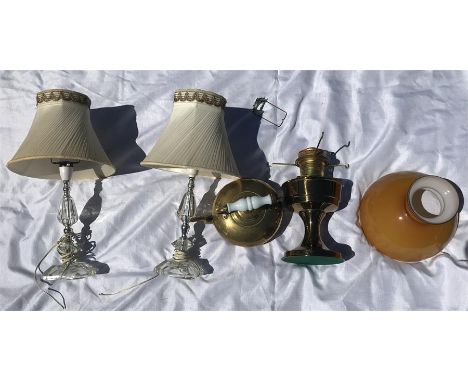 Miscellaneous lot to include brass oil lamp, brass kettle and two table lamps