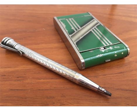 Art Deco compact - Esora 830, made in Japan together with hallmarked silver propelling pencil, 10cms long. 