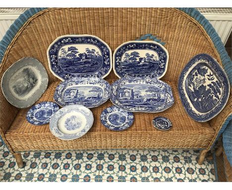 Ten blue and white plates including Spode etc, all good condition 