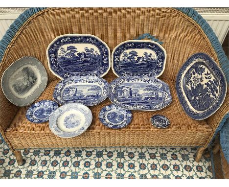 Ten blue and white plates including Spode etc, all good condition 