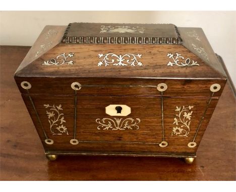 Mid 19th c rosewood tea caddy with mother of pearl inlay one ring handle missing
