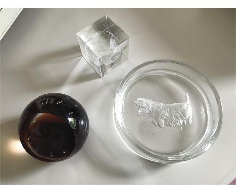 Three pieces of glass including Caithness 50th Wedding Anniversary paperweight. 