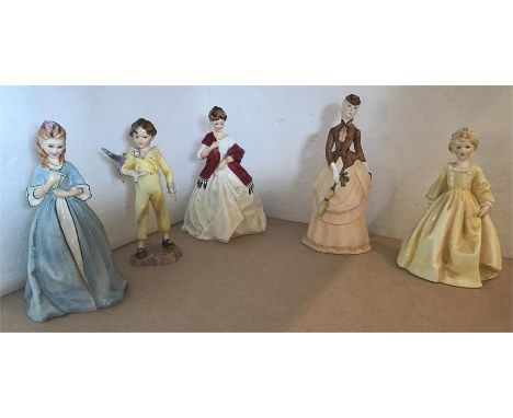 Five Royal Worcester figures, four of five modelled by F.G Doughty, Grandmothers Dress (3081), First Dance (3629), Sweet Anne