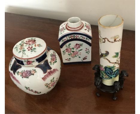 Three ceramics items, two damaged and a tea caddy lacking lid one with hardwood stand