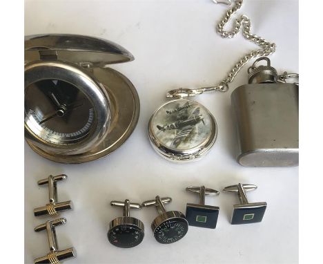 Miscellaneous to include compass and thermometer cuff links, travel clock, D-Day clock etc.