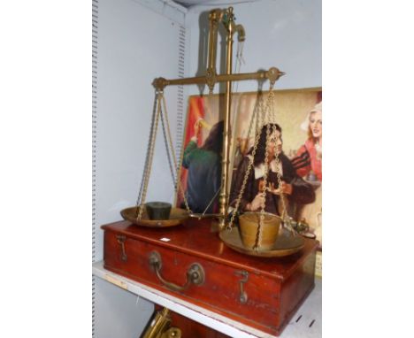 A large set of 19th century brass twin pan portable bullion scales by De Grave & Co, London, with a set of Troy oz. cup weigh