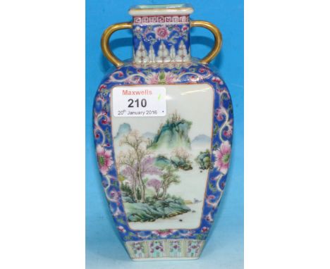 A Chinese porcelain vase of square baluster form with loop handles, decorated with scenic panels, horizontal seal mark, 7½"