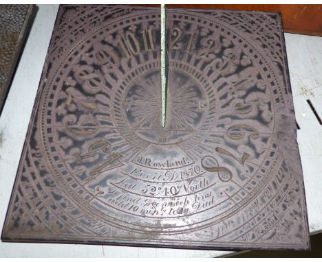 A 19th century polished and engraved slate sundial, J. Rowland fecit AD 1870, Latitude 52º 40' North, 9" square
