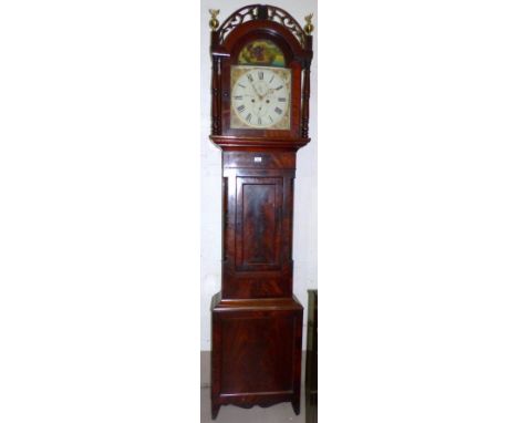 A mid-19th century mahogany longcase clock with arched painted dial and 8 day movement by Managhan, Newcastle