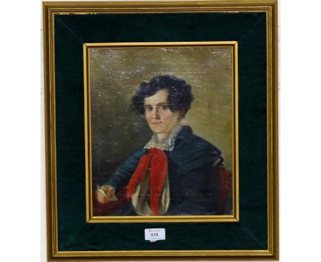 A Victorian oil on canvas (relined), portrait of a woman holding a letter, 12½" x 10½", gilt framed